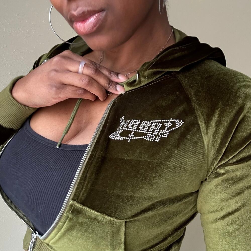 Dollskill Poster Girl Green Moss Y2K Velour Zip Up Cropped Hoodie Size Small